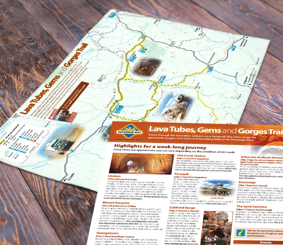 A3 sized tourist route map for outback Queensland, incorporating useful information